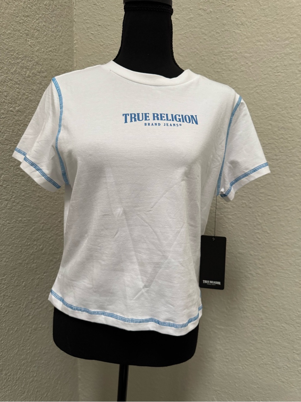 True Religion White Tee with Blue Logo and Stitching